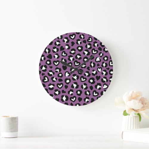 Animal Print Purple Leopard Cheetah Spots Heart Large Clock