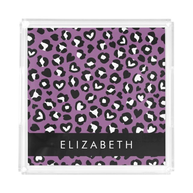 Animal Print, Purple Leopard, Hearts, Your Name Acrylic Tray (Front)