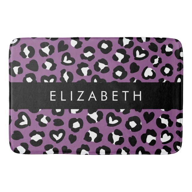 Animal Print, Purple Leopard, Hearts, Your Name Bath Mat (Front)
