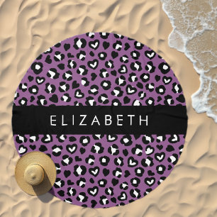Animal Print, Purple Leopard, Hearts, Your Name Beach Towel