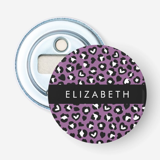 Animal Print, Purple Leopard, Hearts, Your Name Bottle Opener (Front)