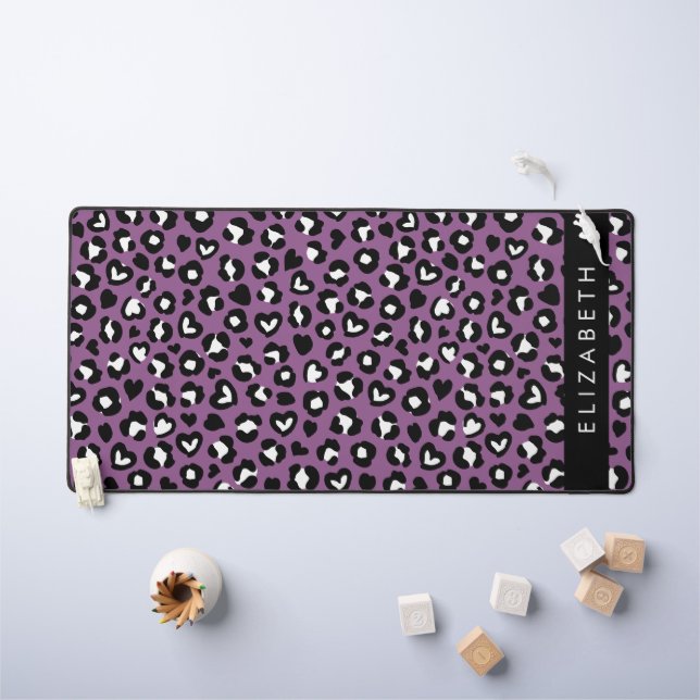 Animal Print, Purple Leopard, Hearts, Your Name Desk Mat (Kids Table)