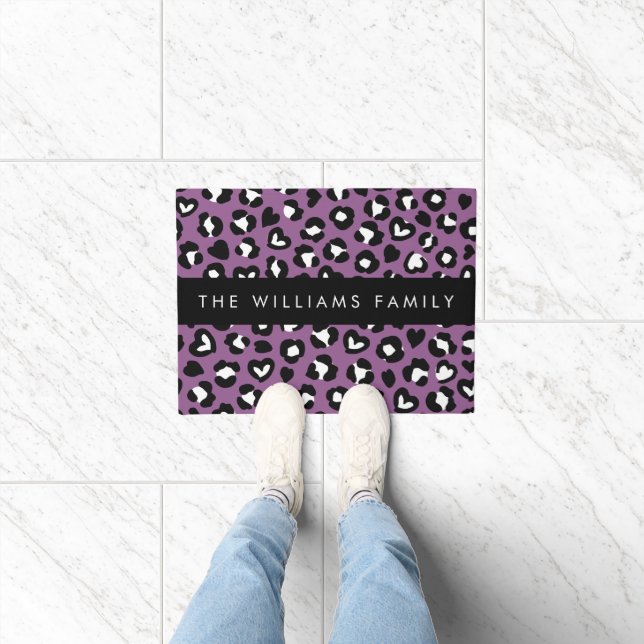 Animal Print, Purple Leopard, Hearts, Your Name Doormat (Indoor)