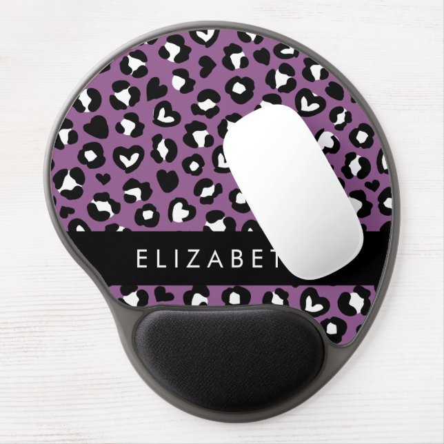 Animal Print, Purple Leopard, Hearts, Your Name Gel Mouse Pad (Left Side)