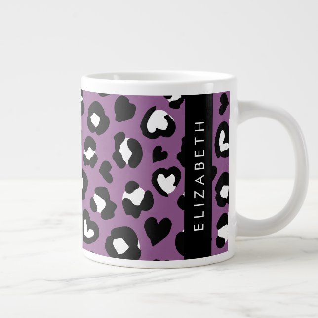 Animal Print, Purple Leopard, Hearts, Your Name Giant Coffee Mug (Right)