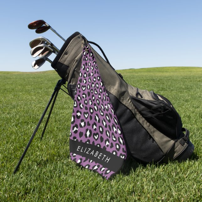 Animal Print, Purple Leopard, Hearts, Your Name Golf Towel (Green)