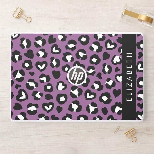 Animal Print, Purple Leopard, Hearts, Your Name HP Laptop Skin (Desk)
