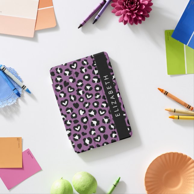 Animal Print, Purple Leopard, Hearts, Your Name iPad Mini Cover (In Situ)