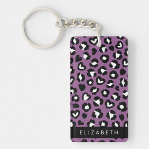 Animal Print, Purple Leopard, Hearts, Your Name Keychain
