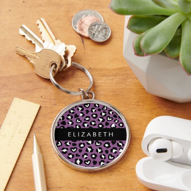 Animal Print, Purple Leopard, Hearts, Your Name Keychain (Desk)
