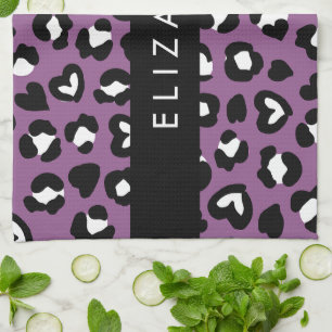 Animal Print, Purple Leopard, Hearts, Your Name Kitchen Towel