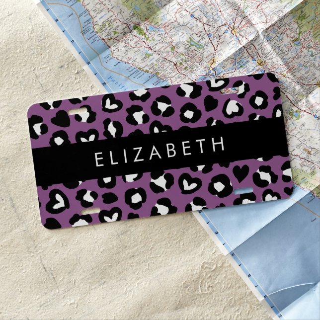 Animal Print, Purple Leopard, Hearts, Your Name License Plate (In Situ)