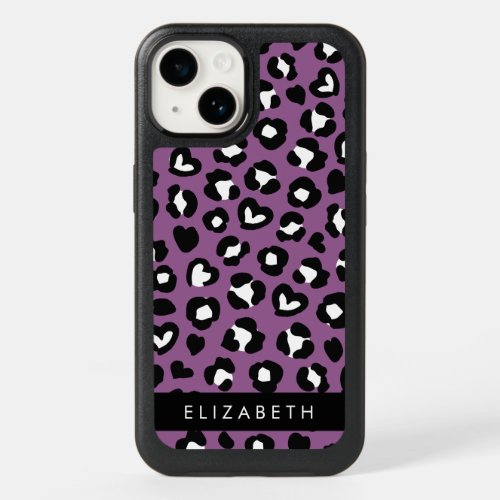 Animal Print Purple Leopard Hearts Your Name OtterBox iPhone 14 Case