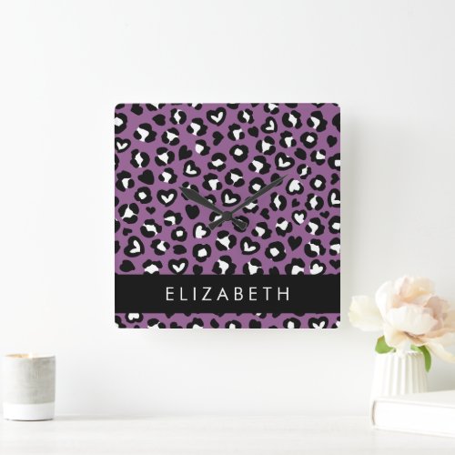 Animal Print Purple Leopard Hearts Your Name Square Wall Clock