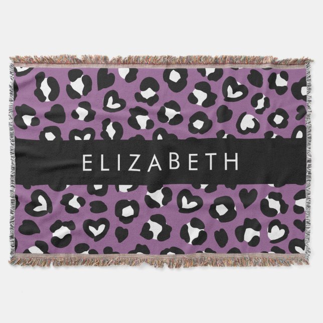 Animal Print, Purple Leopard, Hearts, Your Name Throw Blanket (Front)