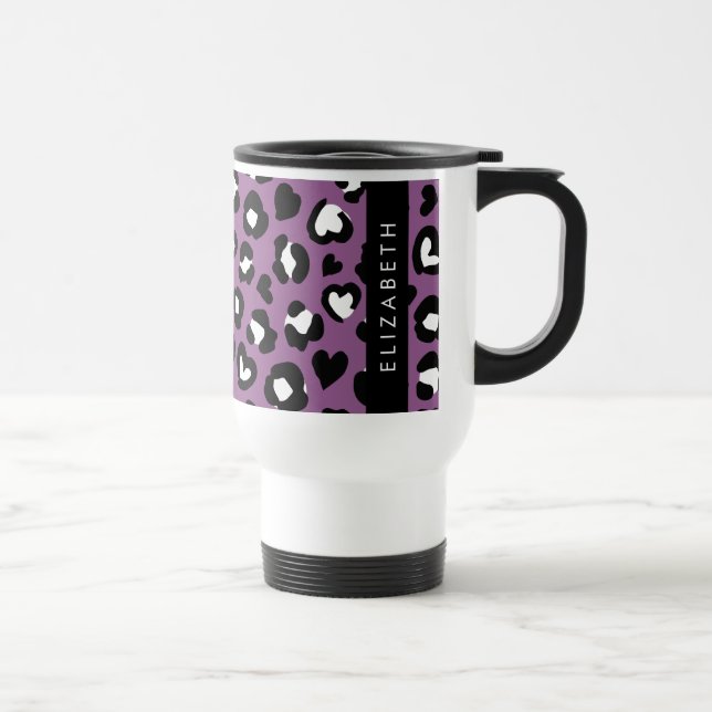 Animal Print, Purple Leopard, Hearts, Your Name Travel Mug (Right)