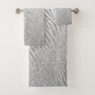 Animal Print Silver Glitter Glam Bath Towel Set