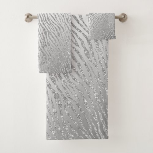 Animal Print Silver Glitter Glam Bath Towel Set