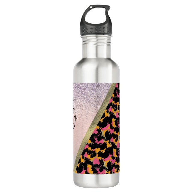 Animal Print Sparkle Monogrammed Name    Stainless Steel Water Bottle (Front)