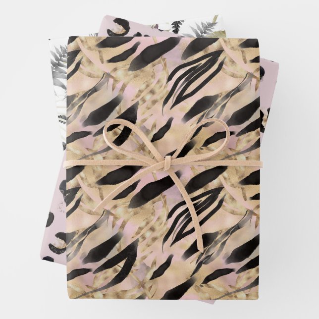 Animal Print Tropical Gold Pattern Wrapping Paper Sheets (In situ)
