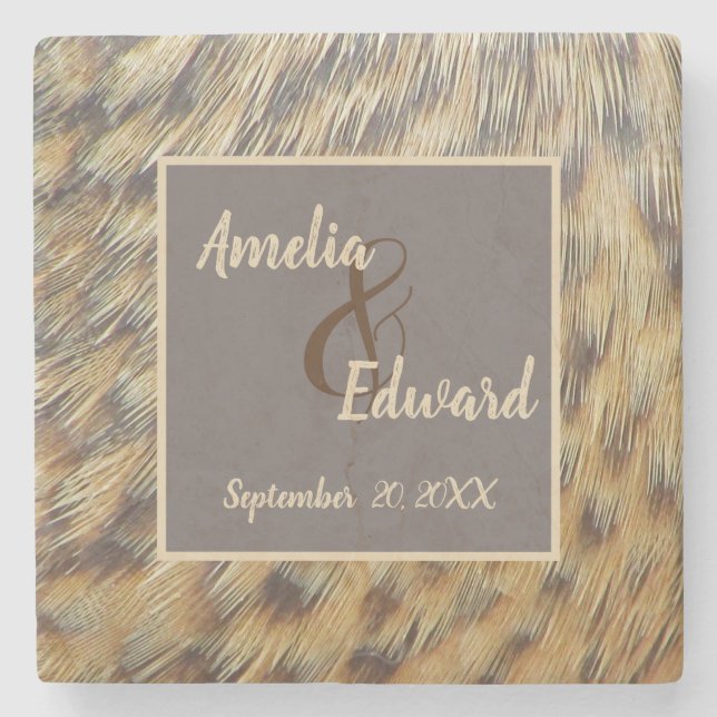 Animal Print Wedding Keepsake Duck Feather Stone Coaster (Front)