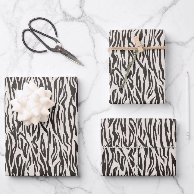 animal print zebra black and cream wrapping paper sheets (Front)