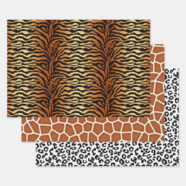 Animal Prints, Tiger, Giraffe and Cheetah  Wrapping Paper Sheets (Set)