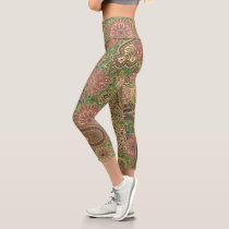 Animal Prints Warm Coral Gold Fantasy Paisley Capri Leggings Animal Prints Warm Coral Gold Fantasy Paisley Capri Leggings