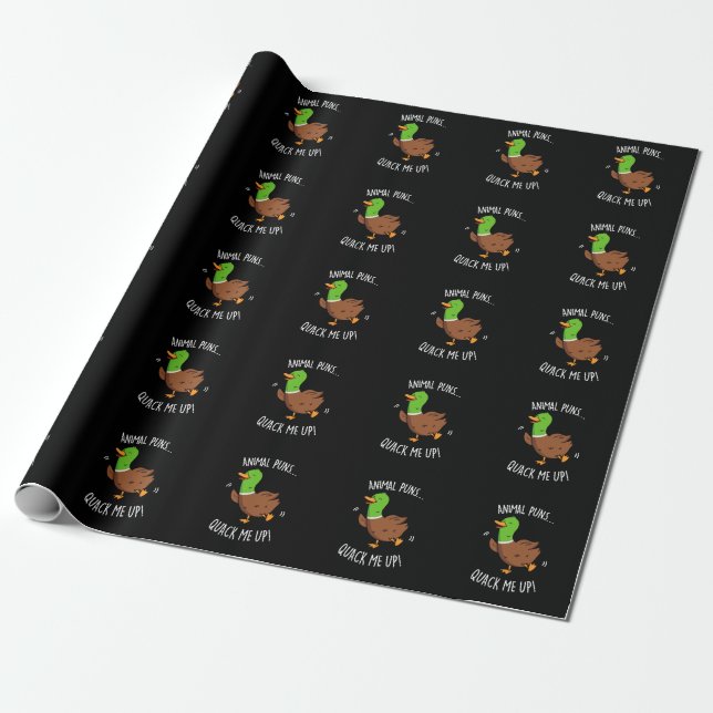 Animal Puns Quack Me Up Funny Duck Pun Dark BG Wrapping Paper (Unrolled)