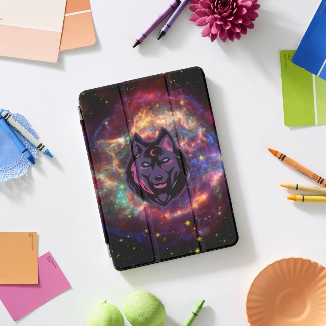 Animal Purple and Black Cosmic Wolf Graphic iPad Pro Cover (Desk)
