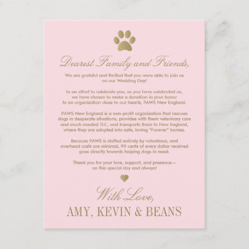 Animal Rescue Donation Pink Gold Wedding Enclosure Card