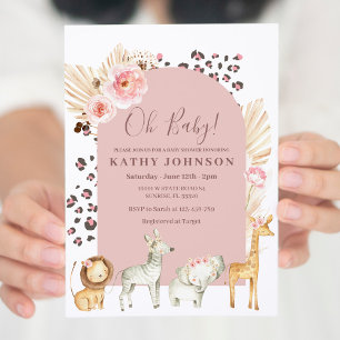 Animal Safari Boho Pampas Grass Arch Baby Shower Invitation
