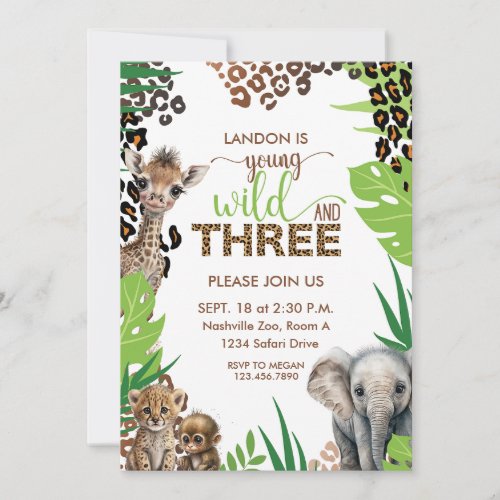 Animal Safari Third Birthday Young Wild and Three Invitation