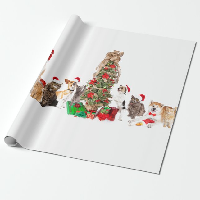 ANIMAL Santa hats WITH CHRISTMAS TREE GIFT WRAP (Unrolled)