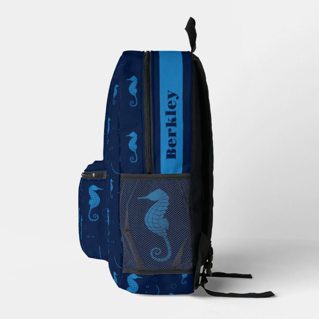 Animal Sea Life Dark Blue Seahorse Name Printed Backpack (Right)