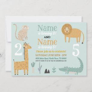Animal Shared Birthday Party Zoo Boy Girls Invitation