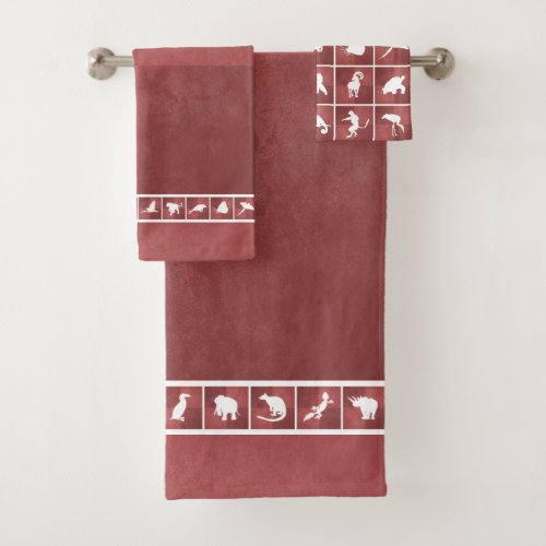 Animal silhouettes minimalist wildlife red grunge bath towel set