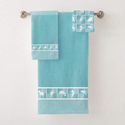 Animal silhouettes minimalist wildlife turquoise bath towel set