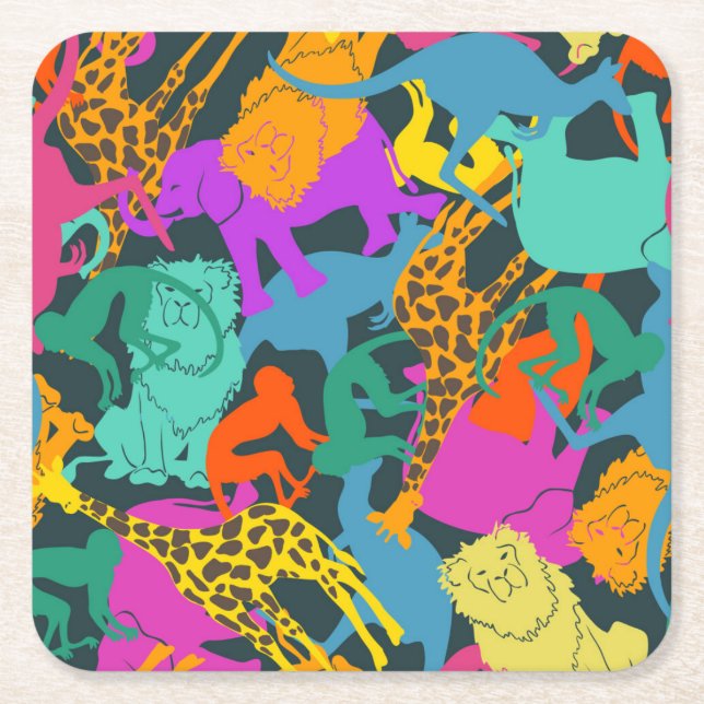 Animal Silhouettes Pattern Square Paper Coaster (Front)