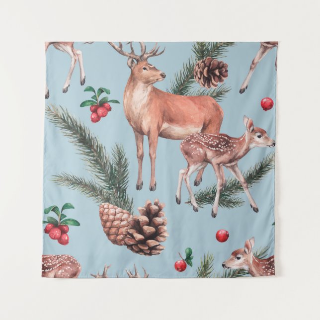 animal sketch pattern with deer pine cones and twi tapestry (Front)