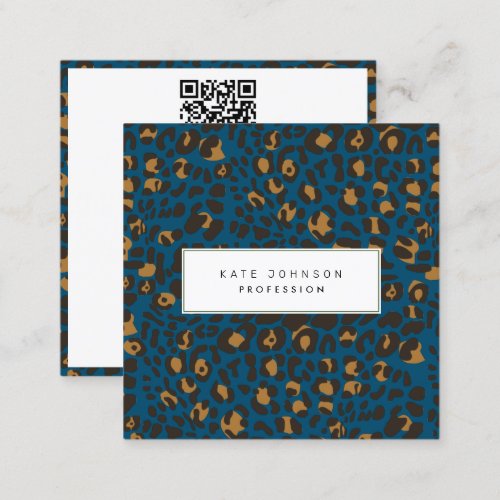 Animal Skin Leopard Print Pattern Blue QR Code  Square Business Card