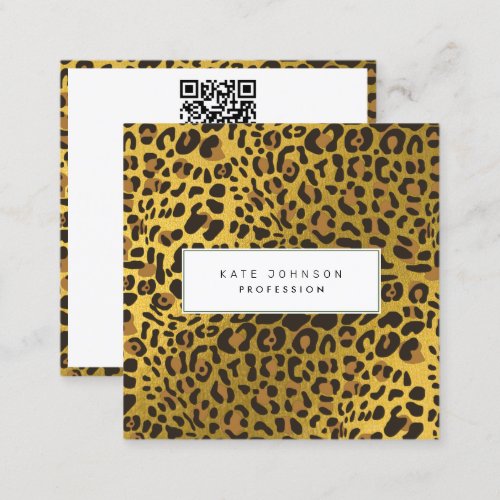 Animal Skin Leopard Print Pattern Gold QR Code Square Business Card