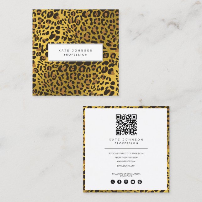 Animal Skin Leopard Print Pattern Gold QR Code Square Business Card (Front/Back)