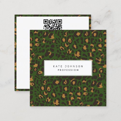 Animal Skin Leopard Print Pattern Green QR Code Square Business Card