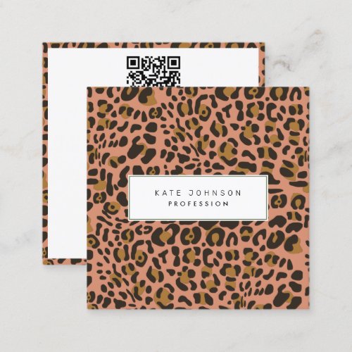 Animal Skin Leopard Print Pattern Orange QR Code  Square Business Card