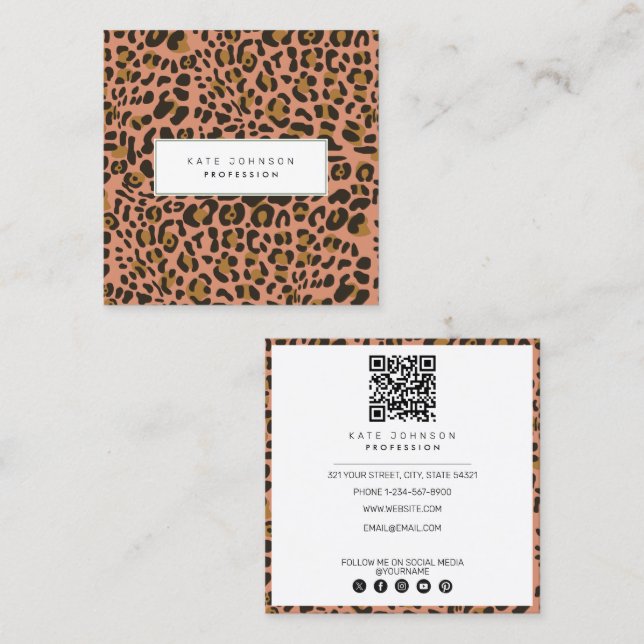 Animal Skin Leopard Print Pattern Orange QR Code  Square Business Card (Front/Back)