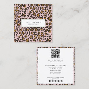Animal Skin Leopard Print Pattern Pink QR Code  Square Business Card