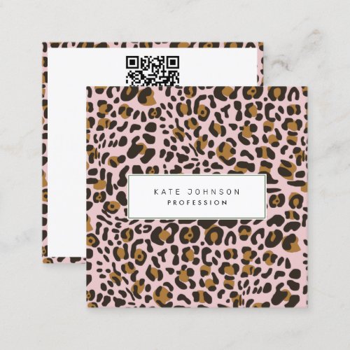 Animal Skin Leopard Print Pattern Pink QR Code  Square Business Card