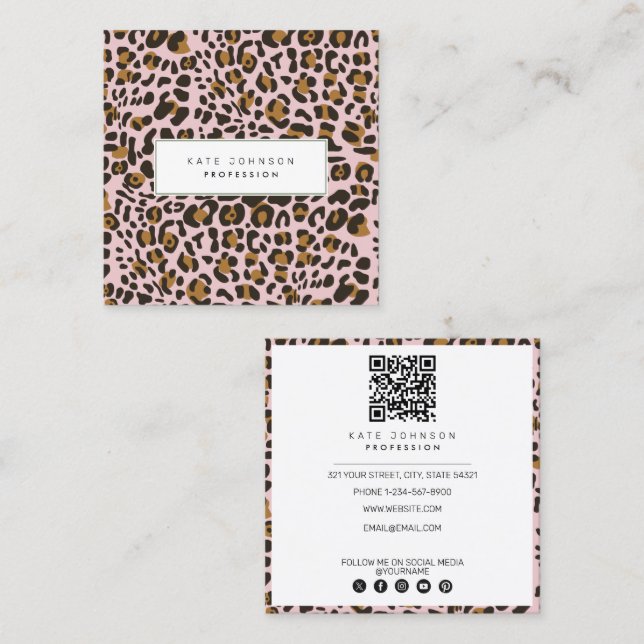 Animal Skin Leopard Print Pattern Pink QR Code  Square Business Card (Front/Back)
