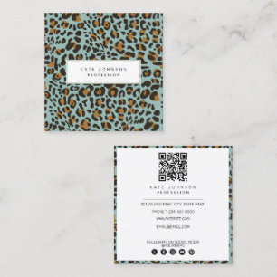 Animal Skin Leopard Print Pattern Sage QR Code  Square Business Card